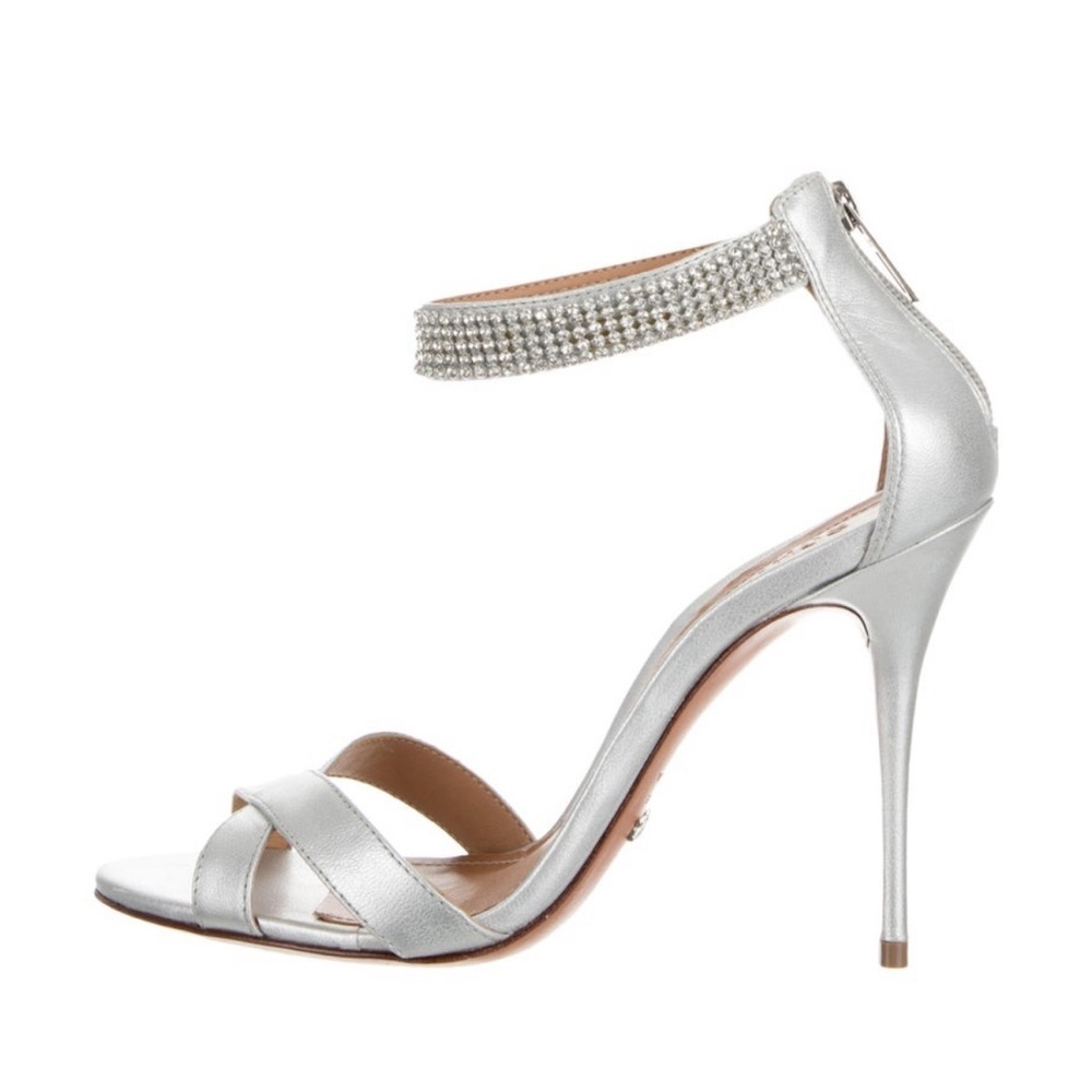 🎉 EUC SCHUTZ Silver Leather Crystal High Heel Sandals Evening Party Gala Size 9